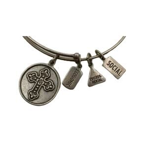 ✨ Wind & Fire Cross Fleur-De-Lis Bangle | Silver Tone Adjustable USA Charm